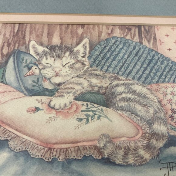 Watercolor Painting Of Cat Kitten Sleeping On Pillows Signed JT Poland - Picture 3 of 7
